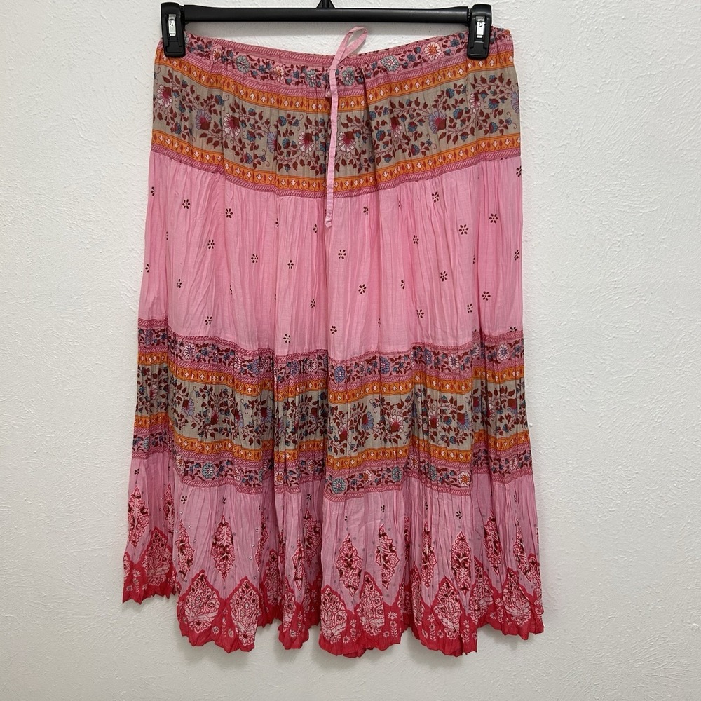 Vintage 90s Pink Floral Midi Skirt Crinkle Boho Cottagecore Peasant Sz L Gypsy